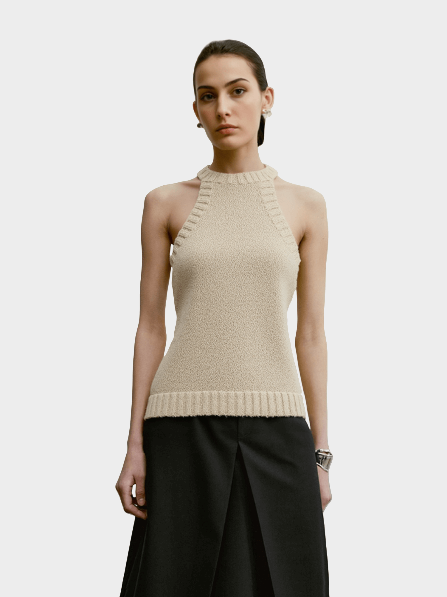 Beige Halter - Neck Knit Top