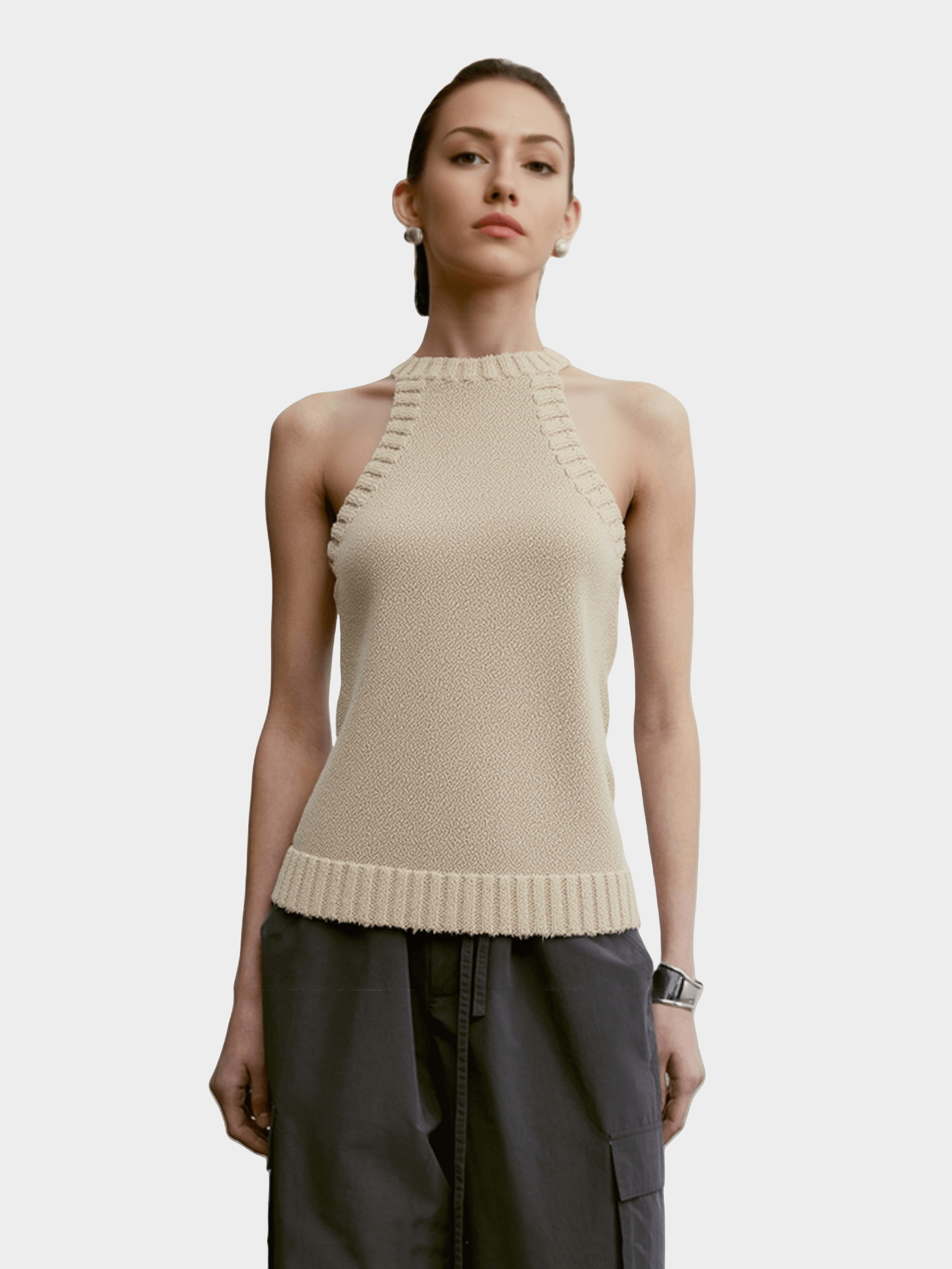Beige Halter - Neck Knit Top