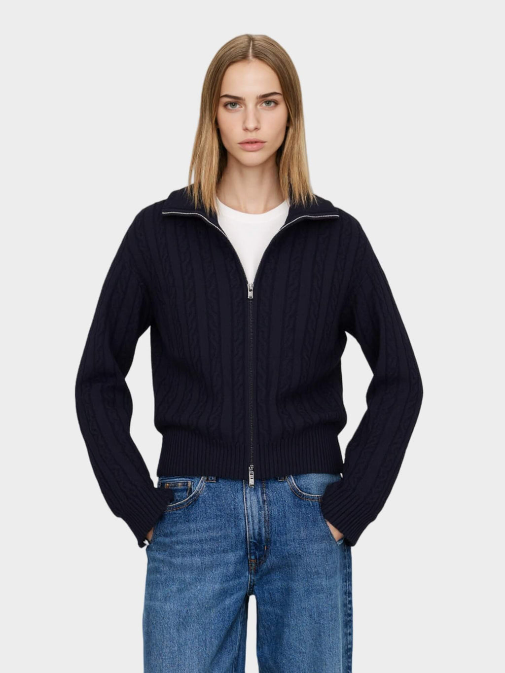 Navy Blue Cable - Knit Zip - Up Cardigan