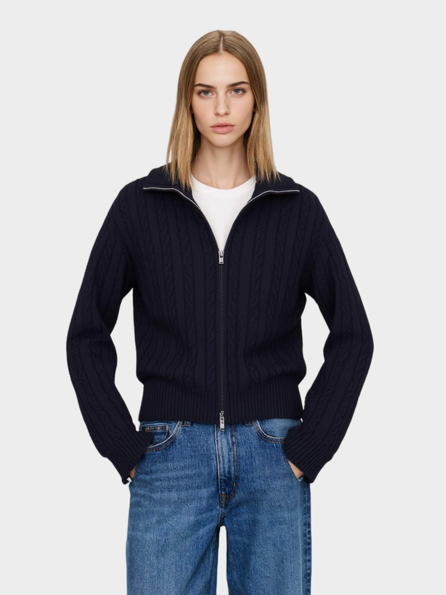 Navy Blue Cable - Knit Zip - Up Cardigan