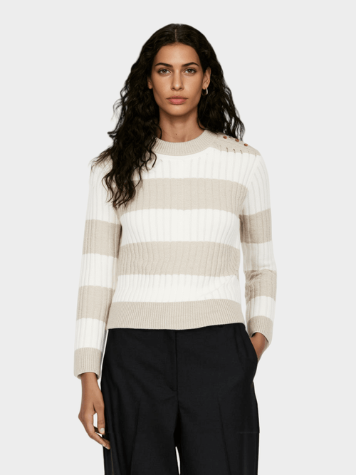 Beige and White Striped Crew - Neck Sweater