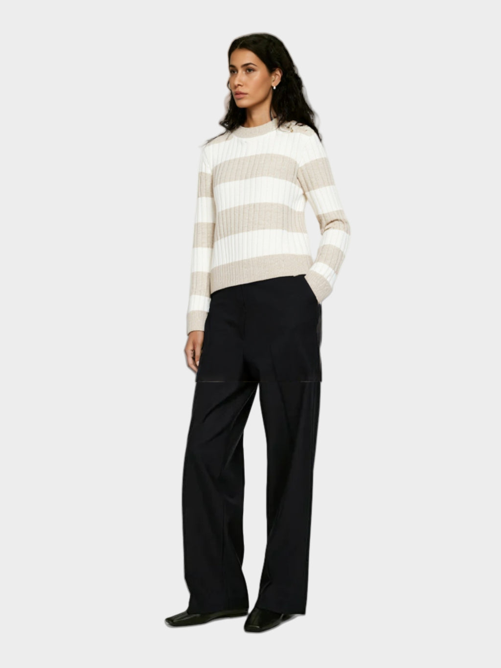 Beige and White Striped Crew - Neck Sweater