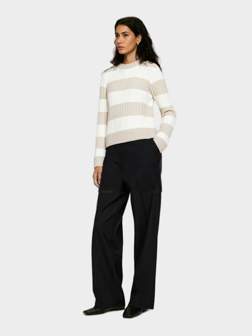 Beige and White Striped Crew - Neck Sweater