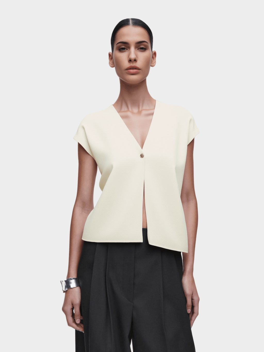 Cream - Colored Asymmetric Button - Up Vest