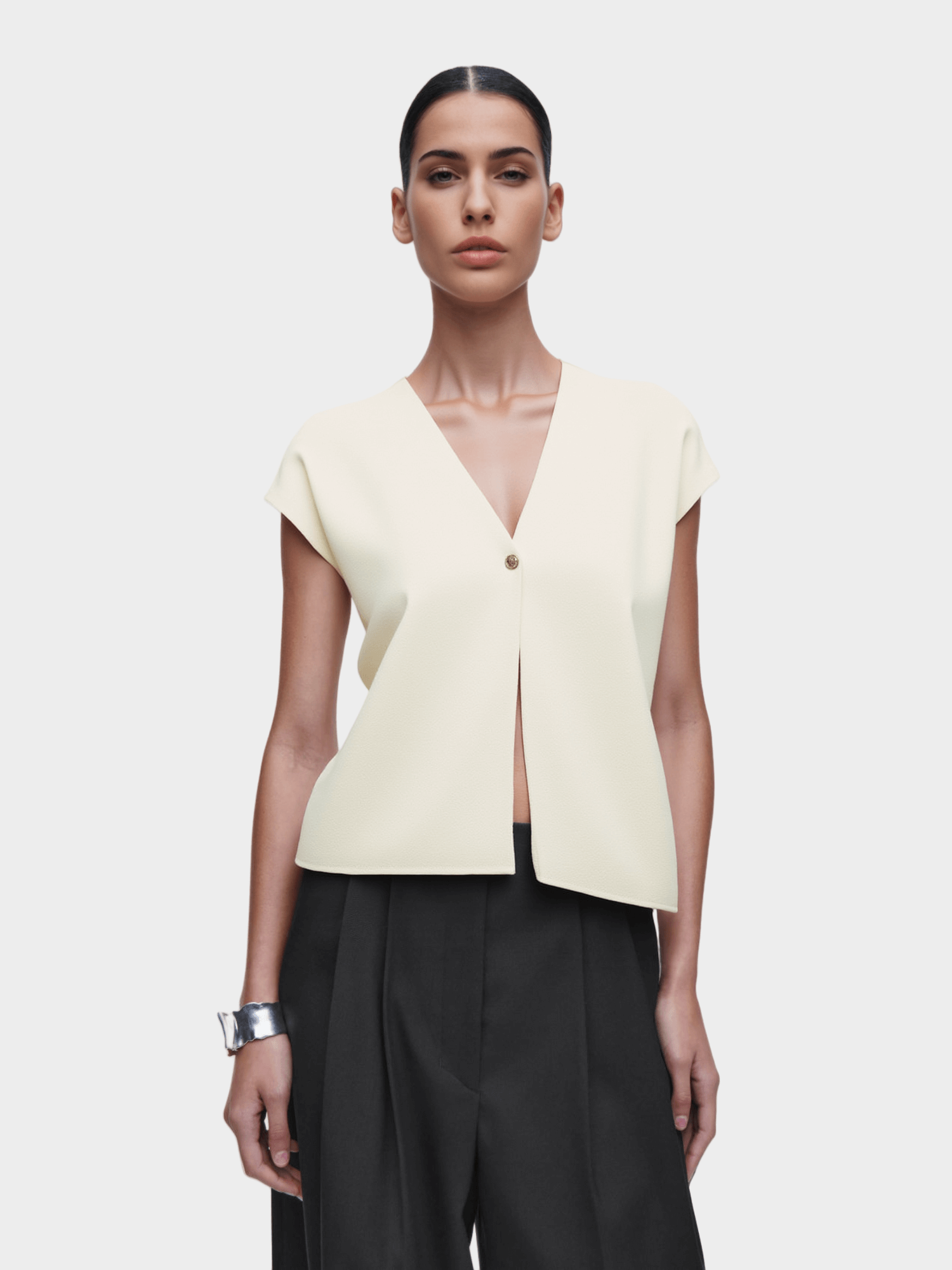 Cream - Colored Asymmetric Button - Up Vest