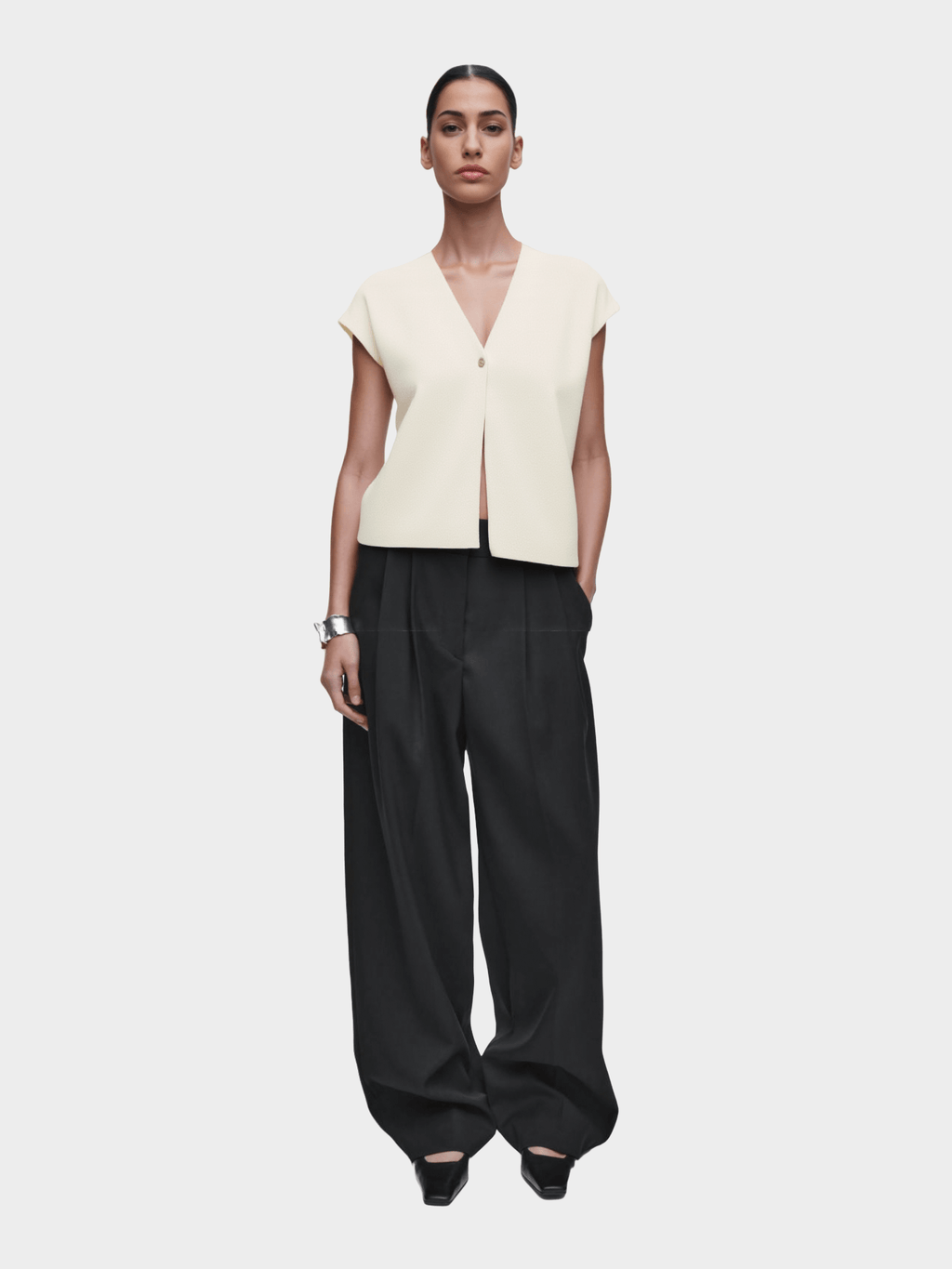 Cream - Colored Asymmetric Button - Up Vest
