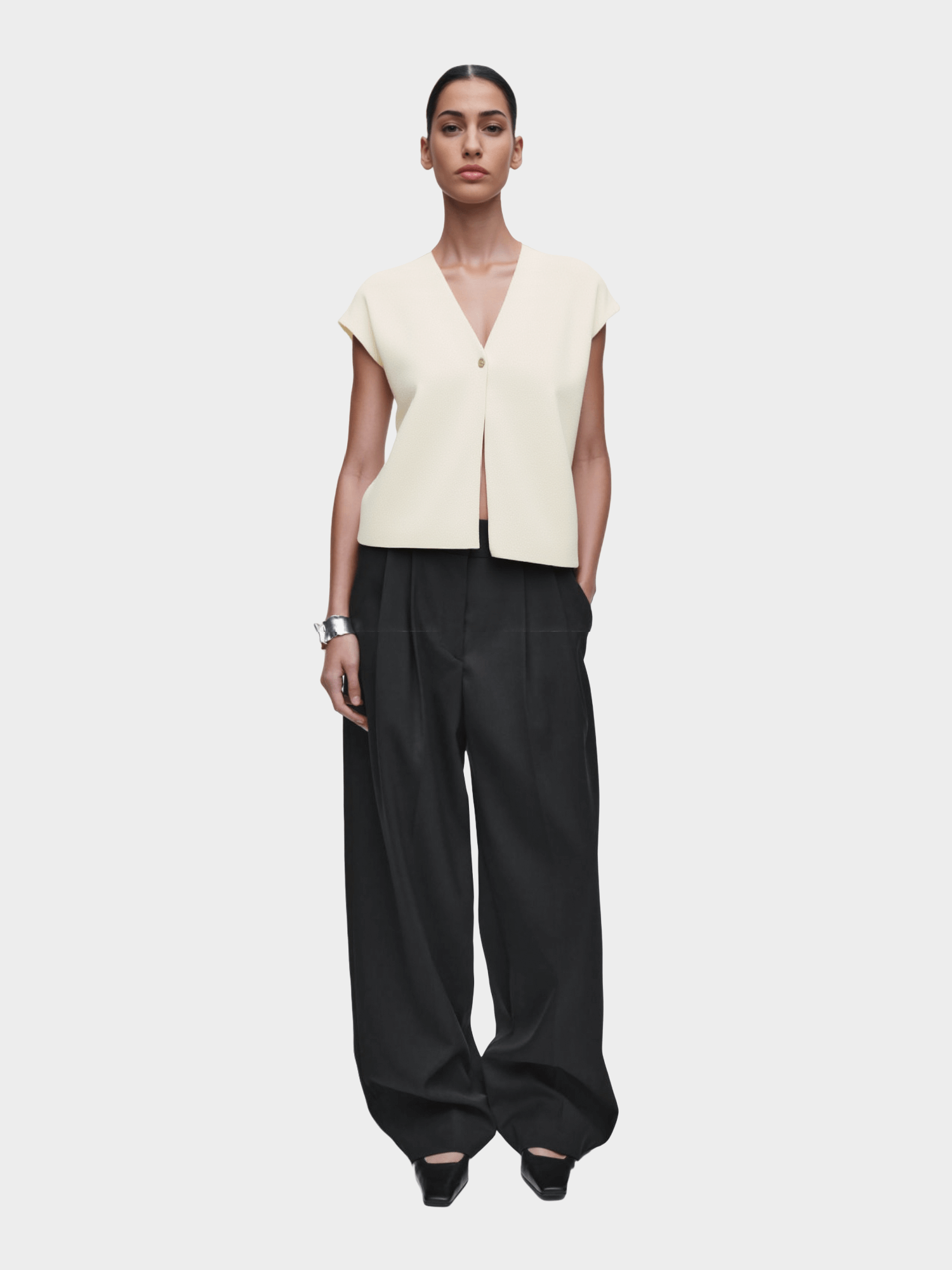 Cream - Colored Asymmetric Button - Up Vest