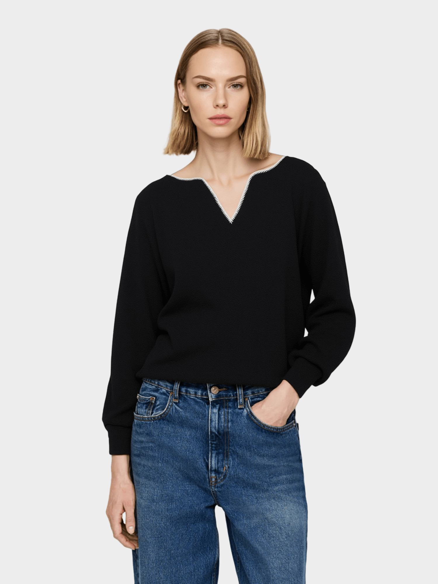 Black V - Neck Contrast - Trim Sweater