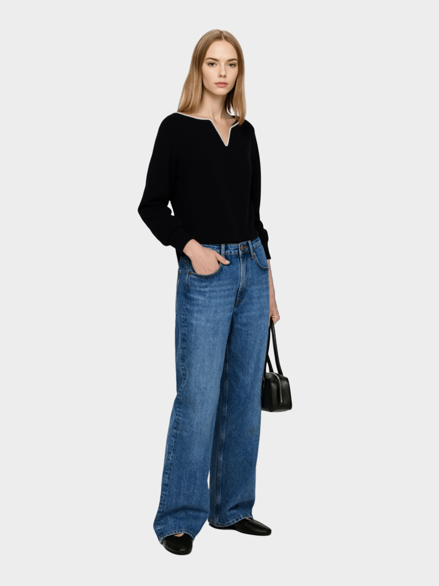 Black V - Neck Contrast - Trim Sweater