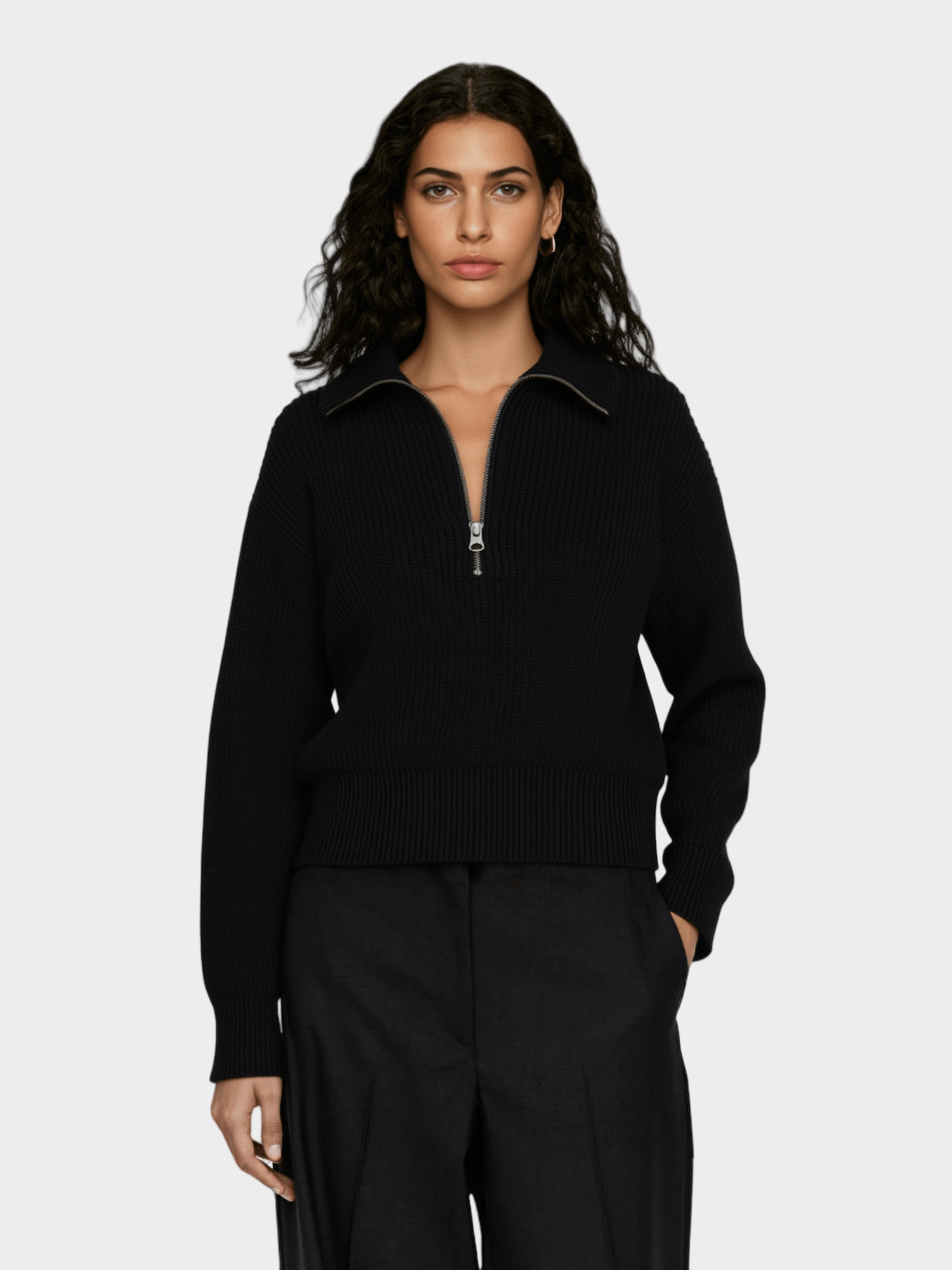 Black Ribbed Half - Zip Sweater