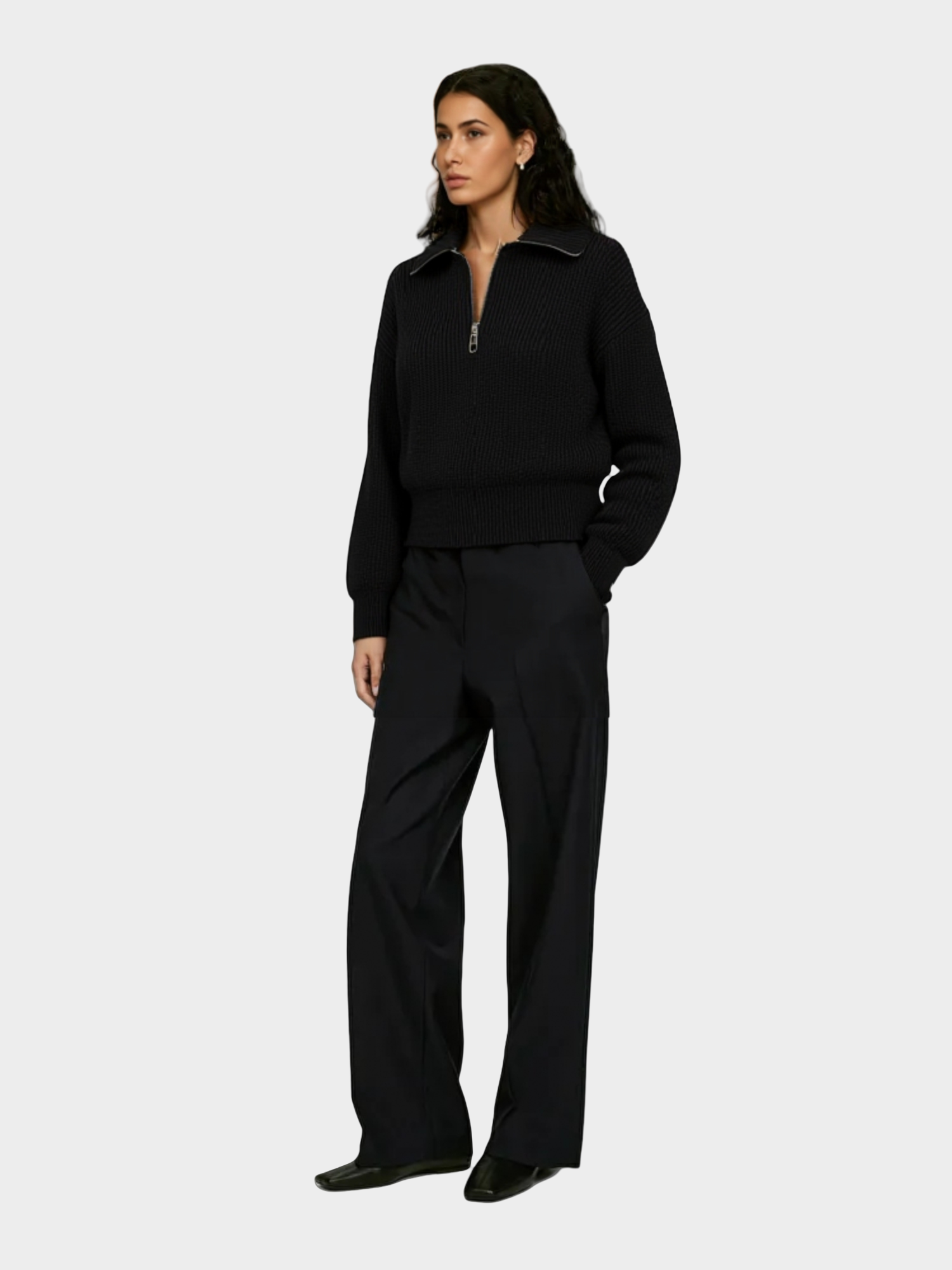 Black Ribbed Half - Zip Sweater