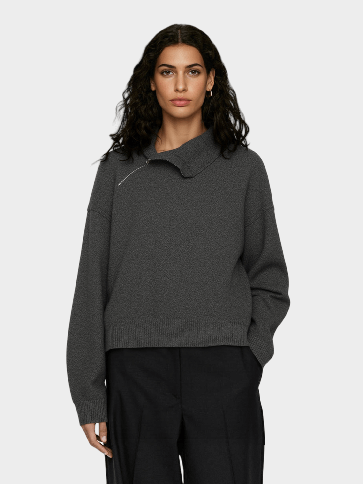 Grey Asymmetric Zip - Neck Knit Sweater