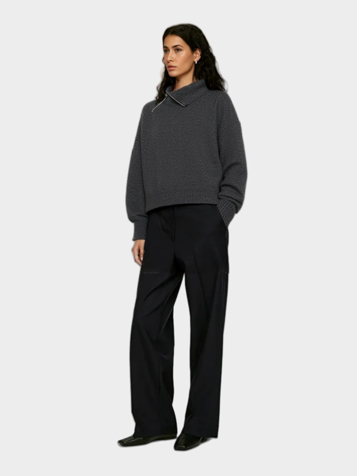 Grey Asymmetric Zip - Neck Knit Sweater