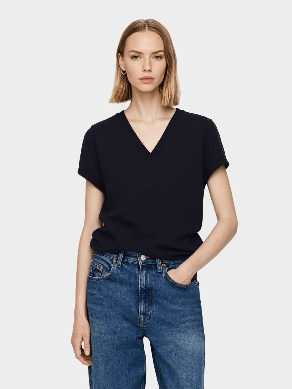 Navy Blue V - Neck Knit Top