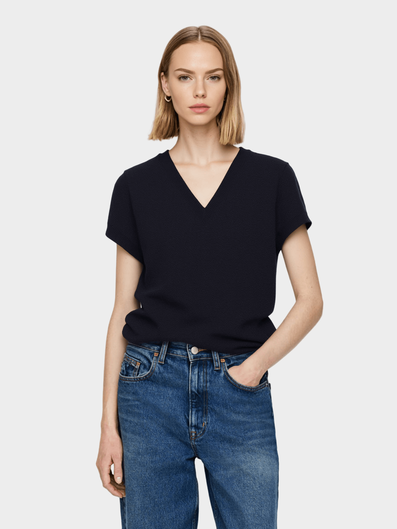 Navy Blue V - Neck Knit Top