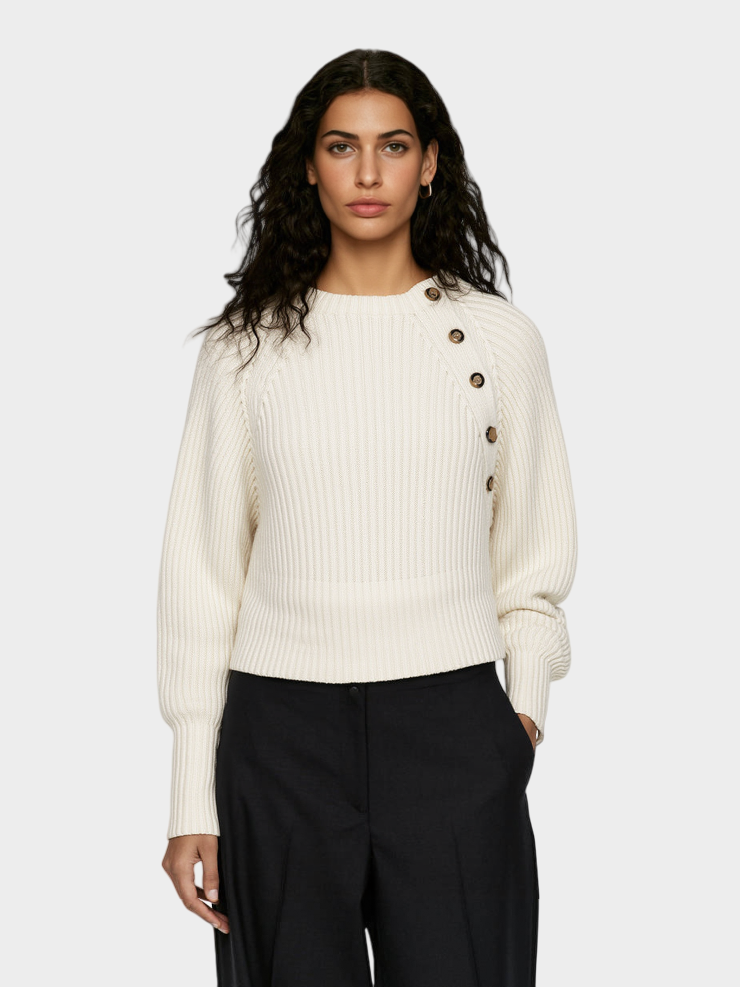 White Ribbed Sweater with Button Detail