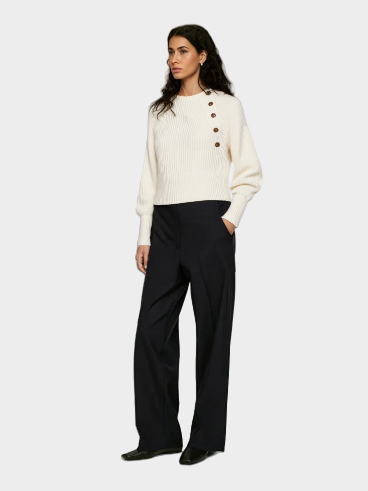 White Ribbed Sweater with Button Detail