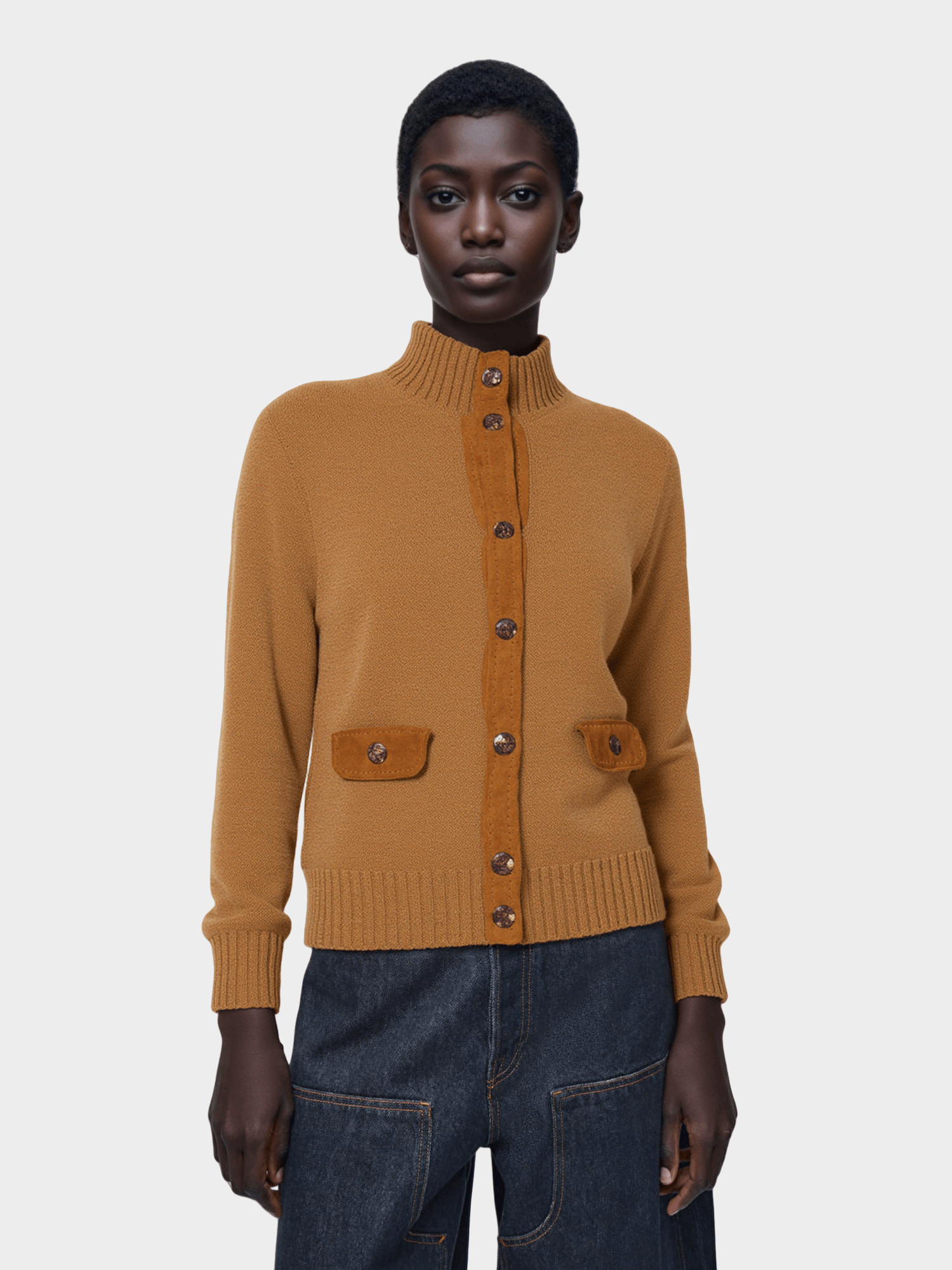 Brown Contrast - Trim Knit Cardigan