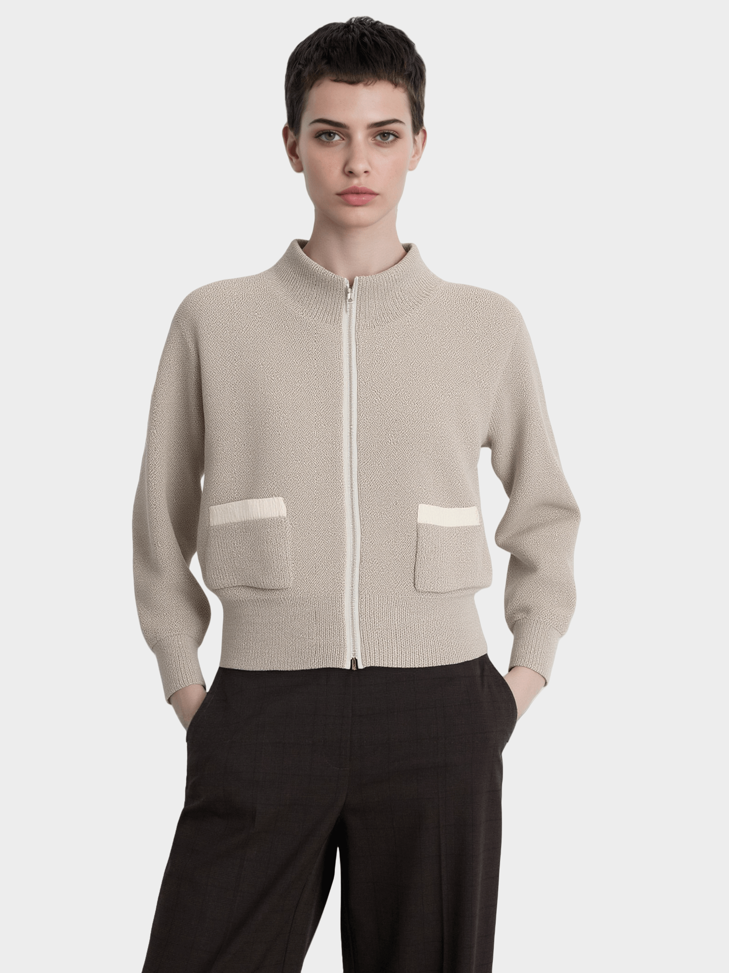 Beige Contrast - Pocket Knit Bomber Jacket