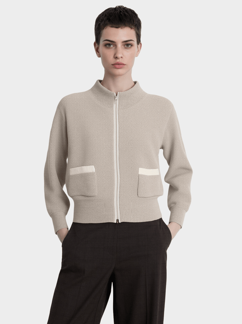 Beige Contrast - Pocket Knit Bomber Jacket