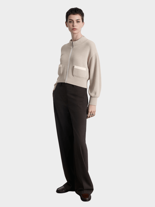 Beige Contrast - Pocket Knit Bomber Jacket