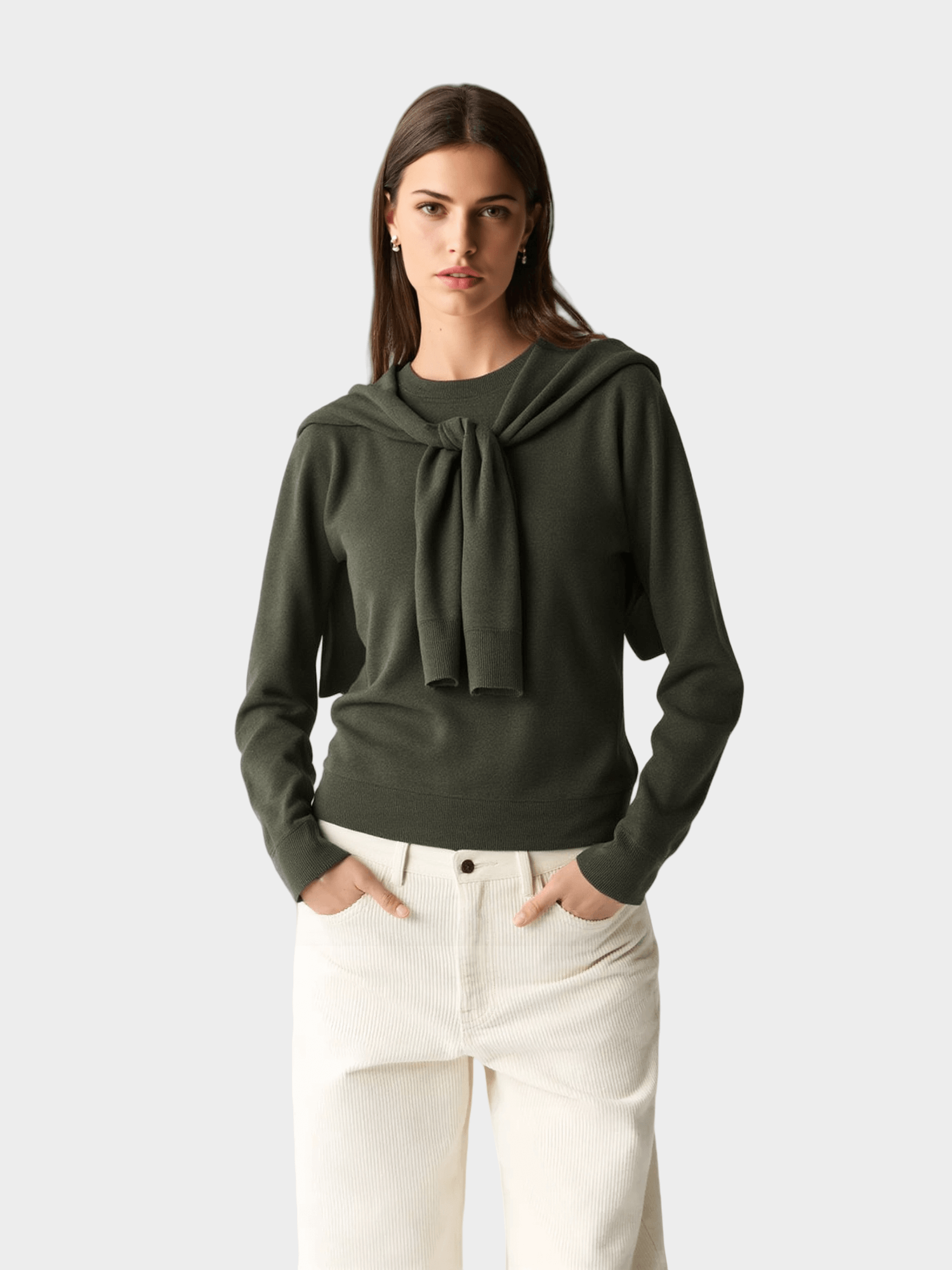 Dark Green Knit Sweater with Scarf Detail