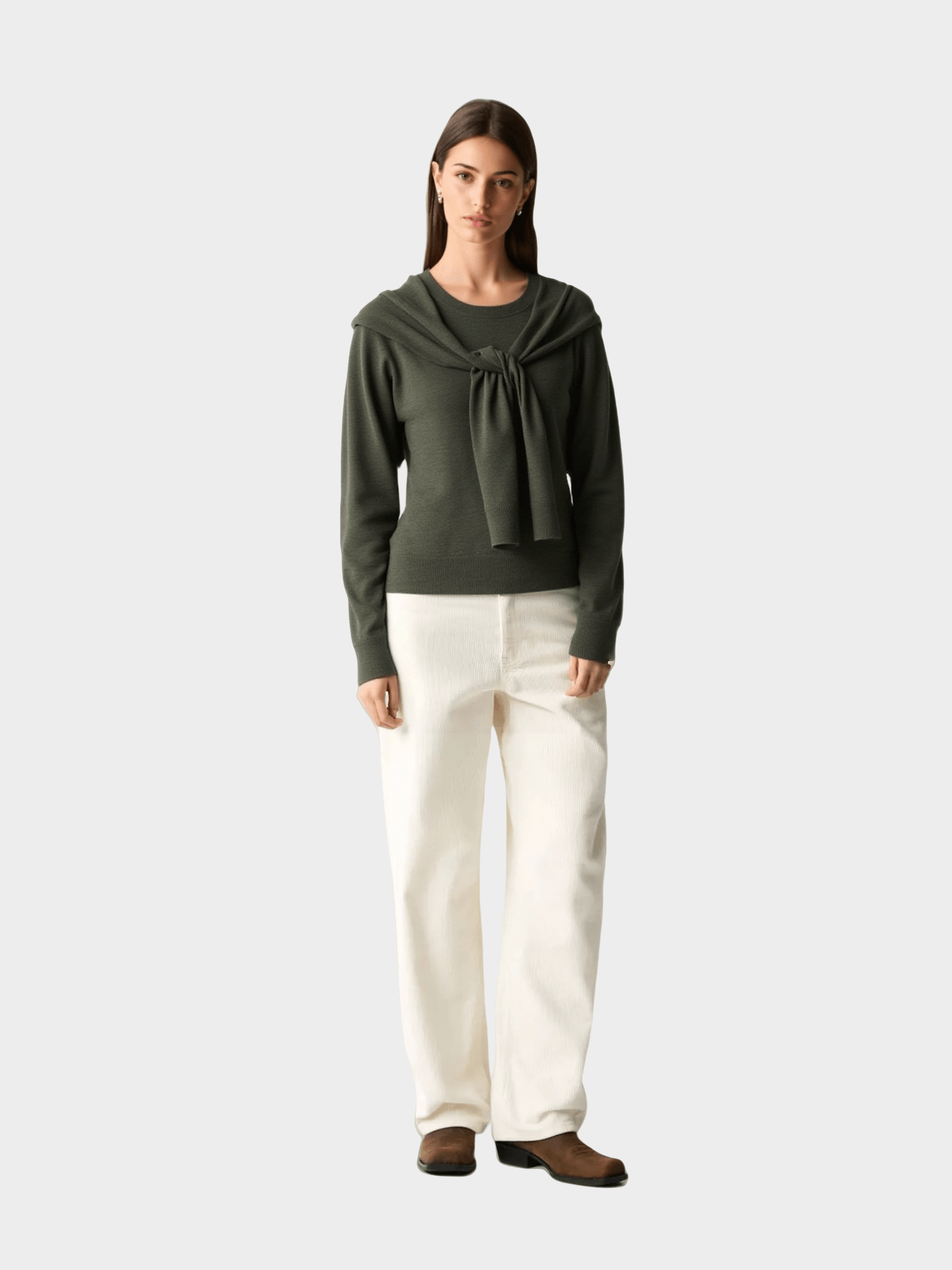 Dark Green Knit Sweater with Scarf Detail