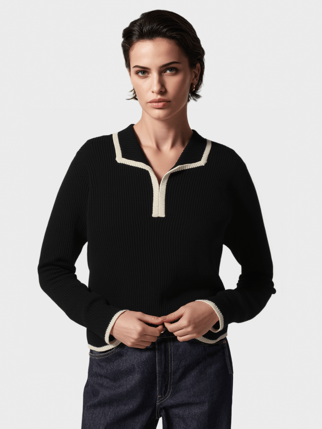 Black Contrast - Trim Polo - Neck Knit Sweater