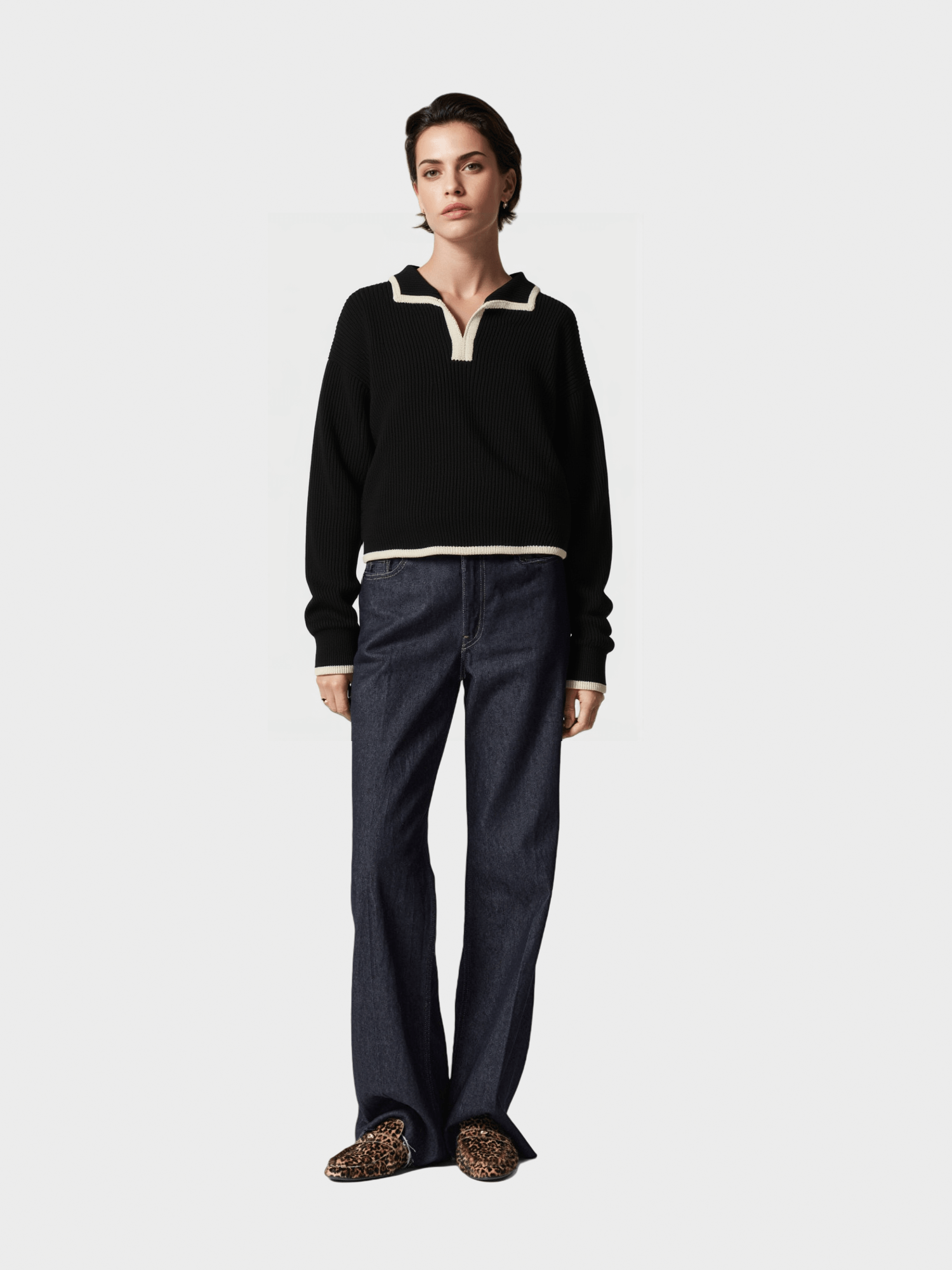 Black Contrast - Trim Polo - Neck Knit Sweater