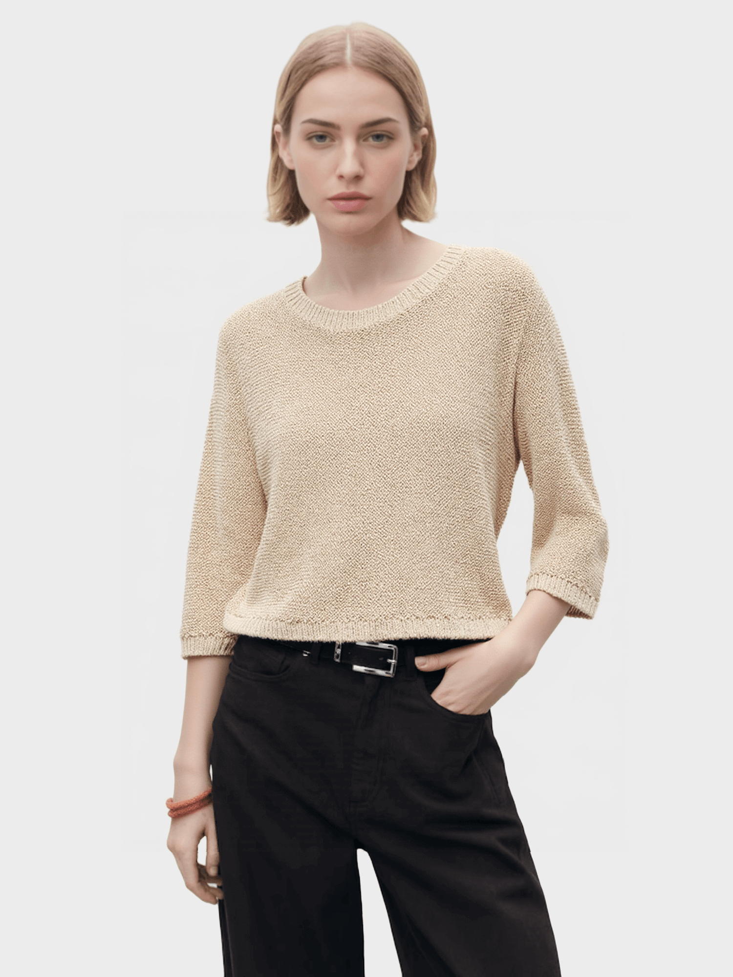 Beige Cropped Knit Sweater