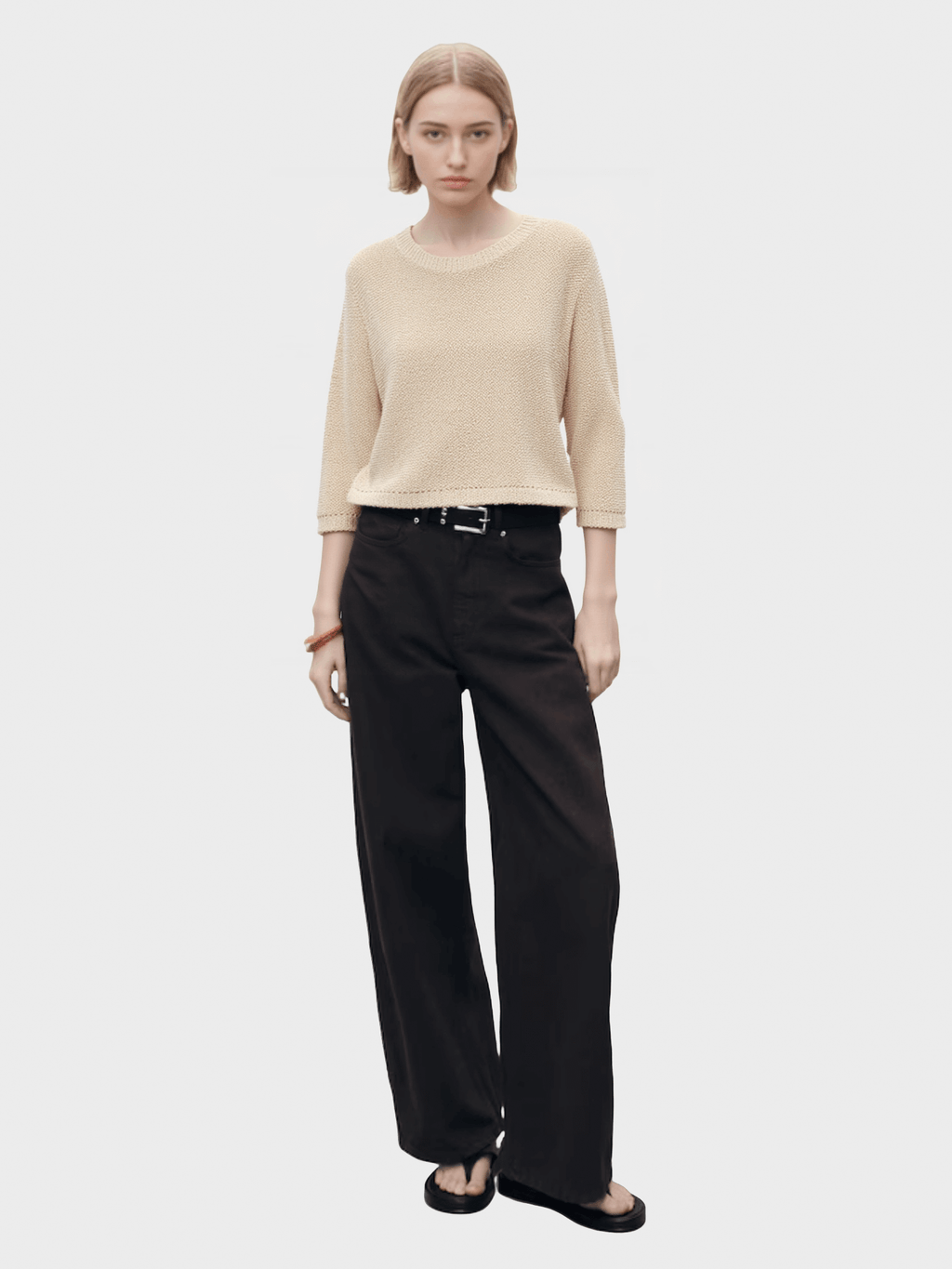 Beige Cropped Knit Sweater