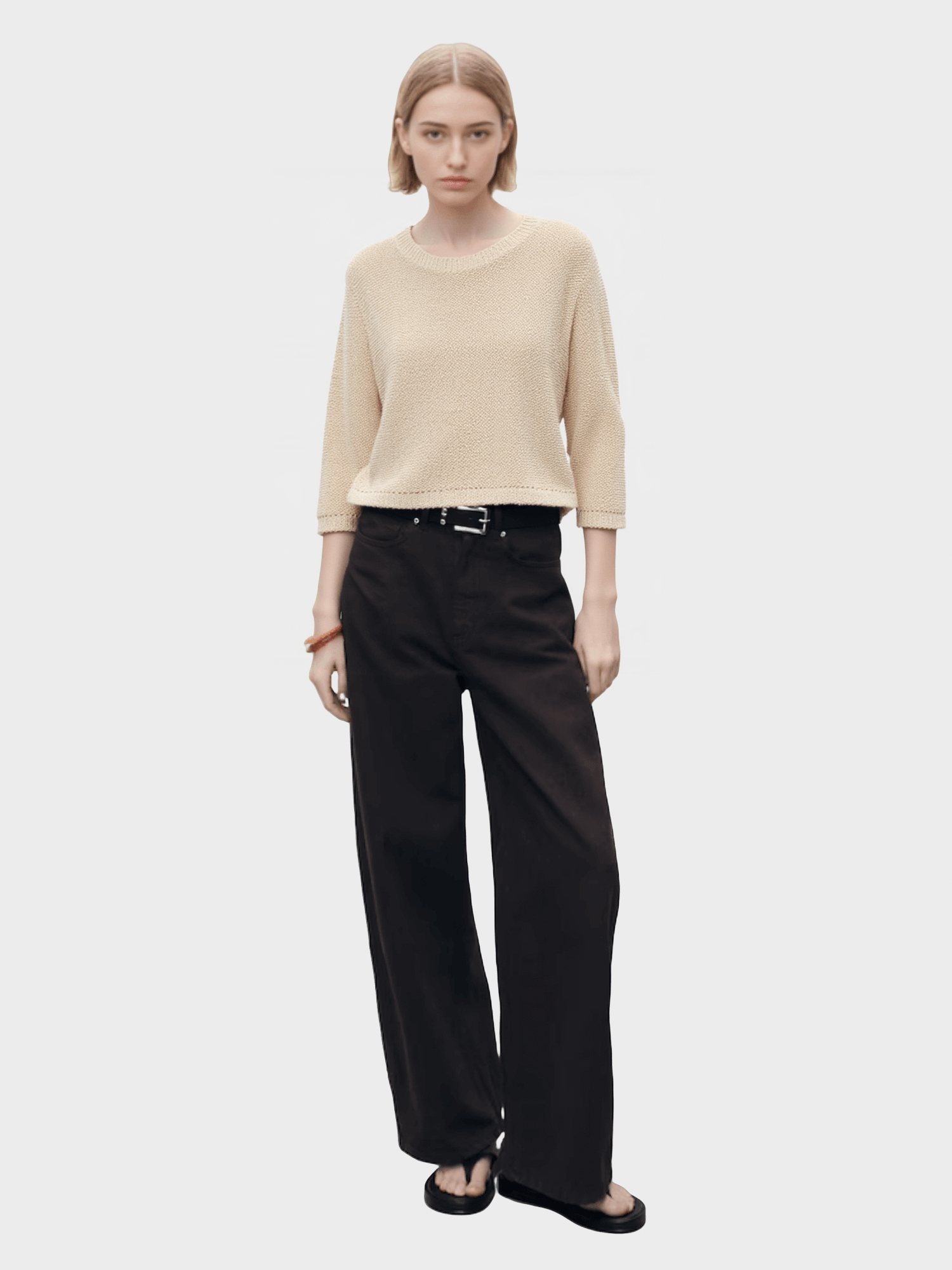Beige Cropped Knit Sweater
