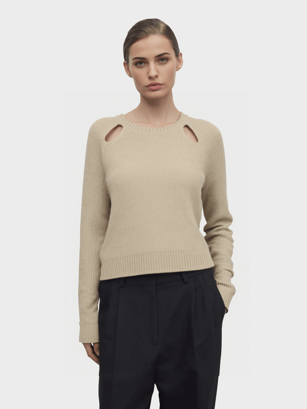 Beige Cut - Out Shoulder Knit Sweater