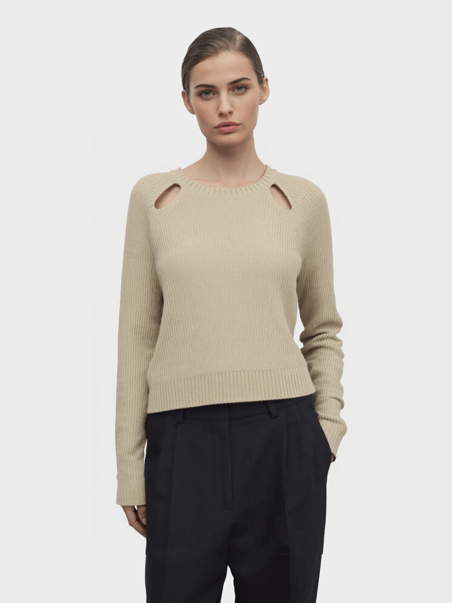 Beige Cut - Out Shoulder Knit Sweater
