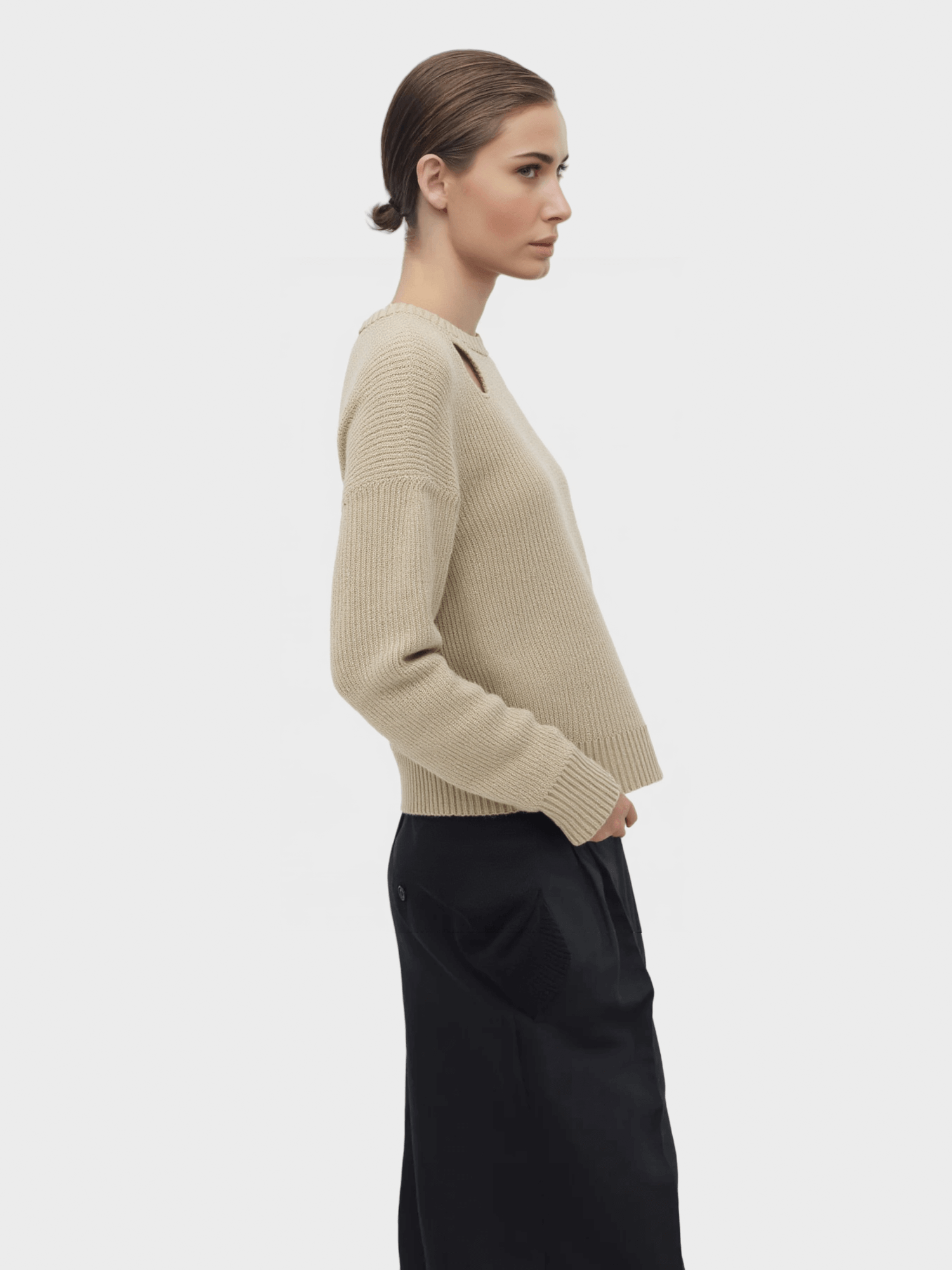 Beige Cut - Out Shoulder Knit Sweater