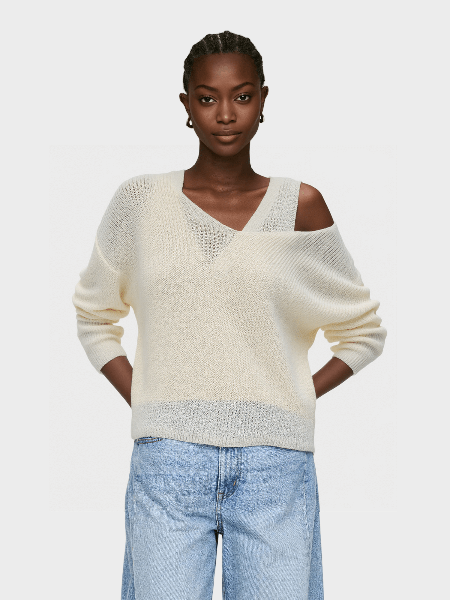 White Asymmetric Cut - Out Knit Sweater