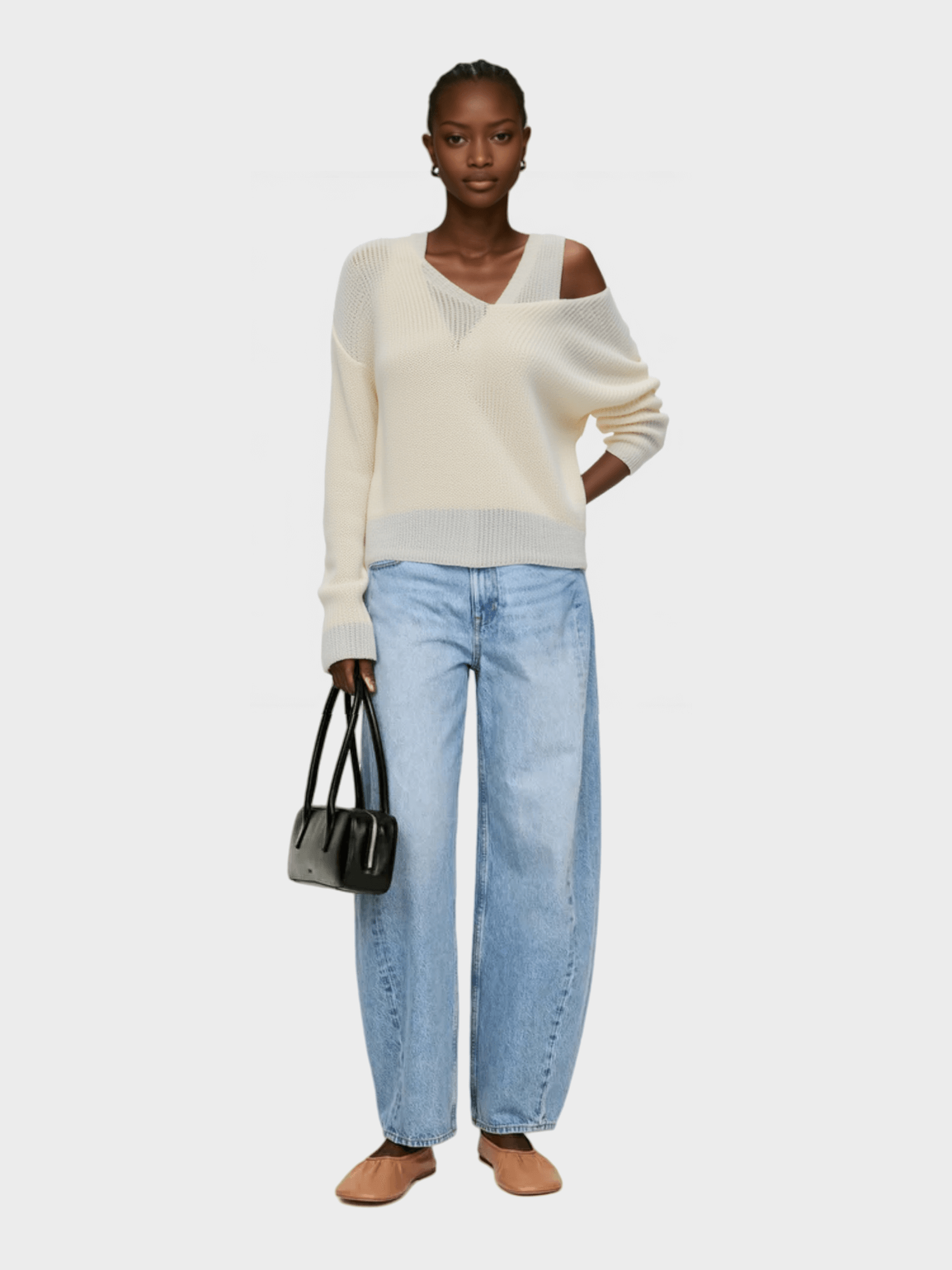 White Asymmetric Cut - Out Knit Sweater