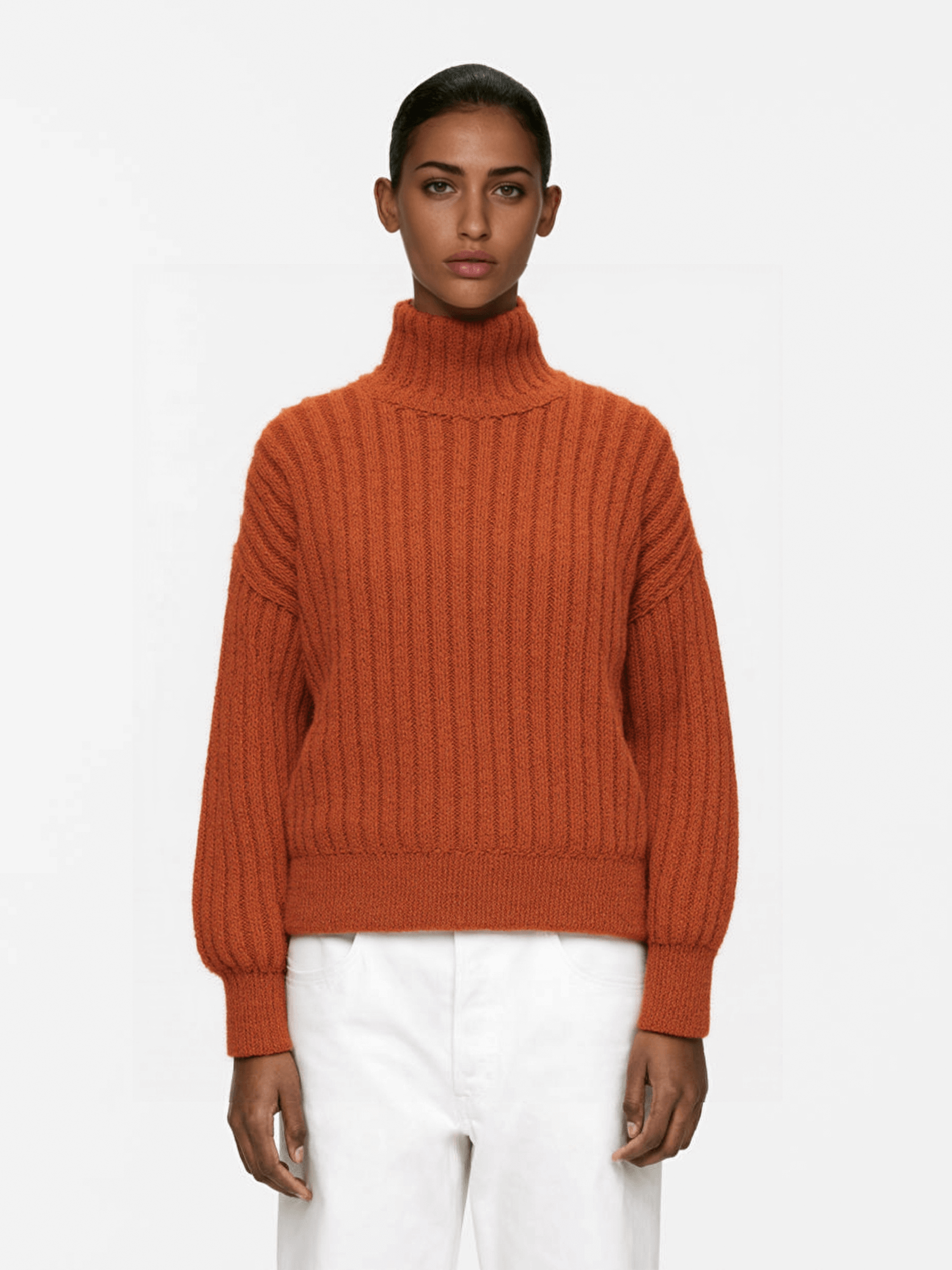 Rust Ribbed Turtleneck Knit Sweater