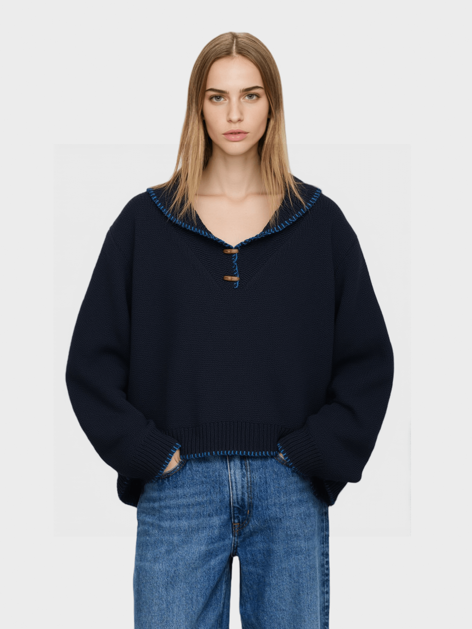 Navy Blue Contrast - Trim Knit Sweater