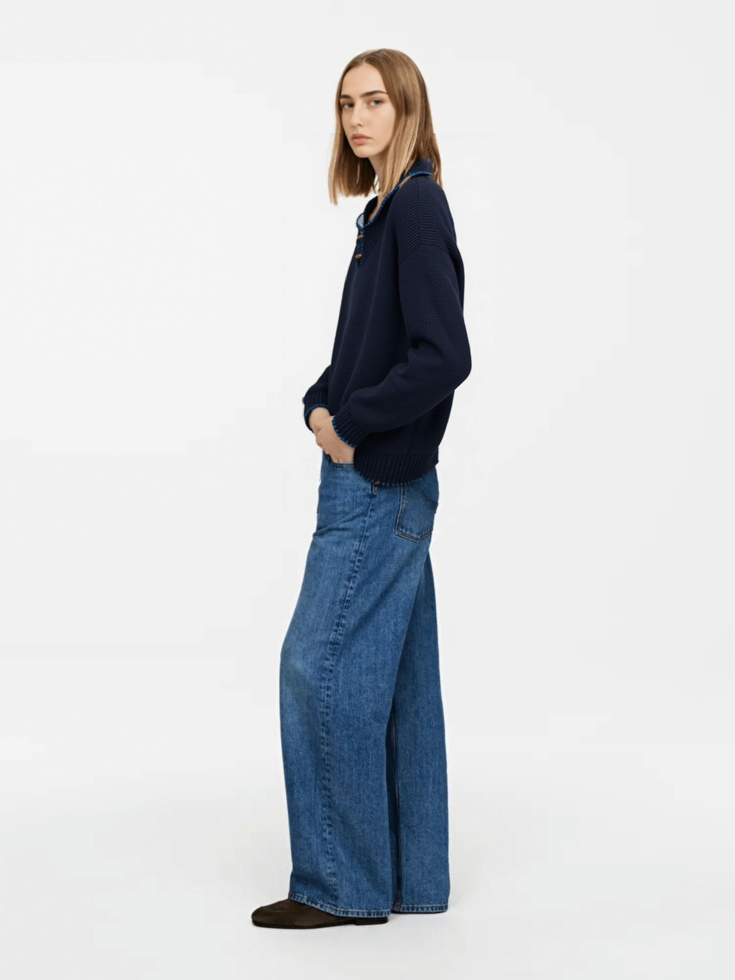 Navy Blue Contrast - Trim Knit Sweater