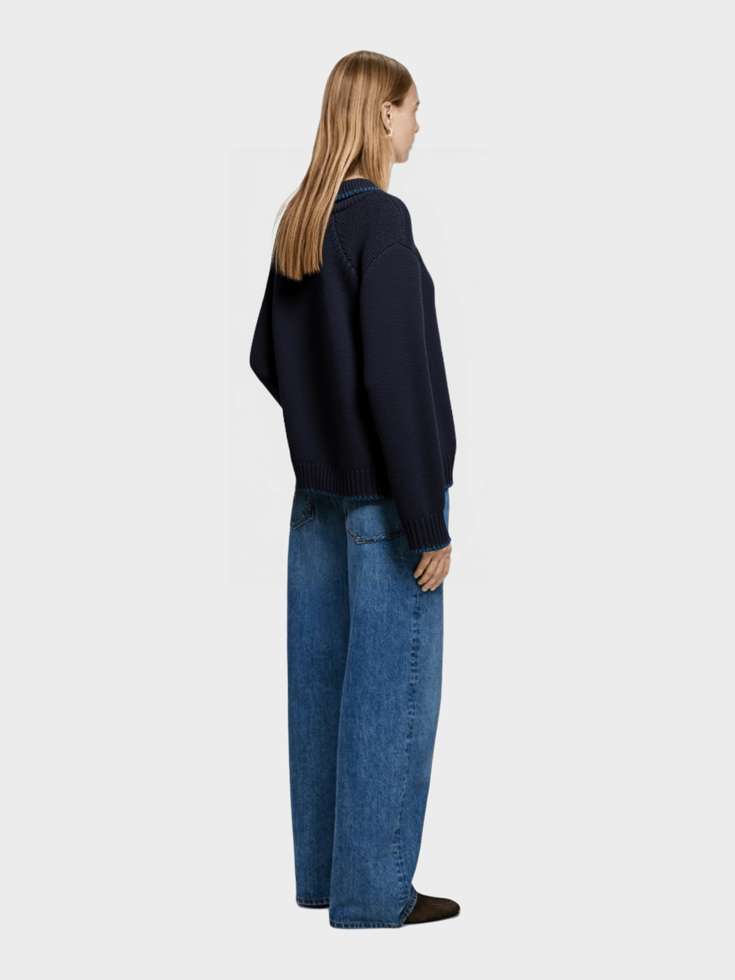 Navy Blue Contrast - Trim Knit Sweater
