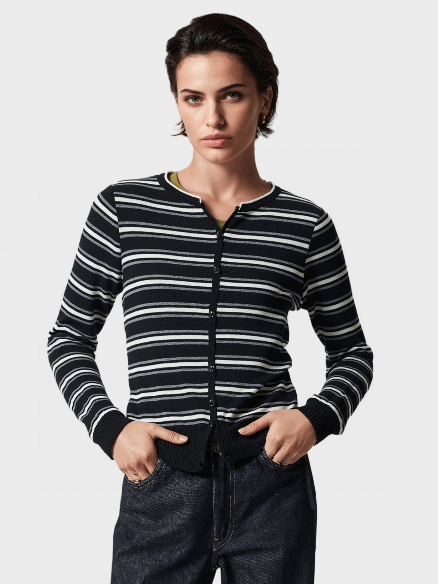 Black and White Striped Knit Cardigan