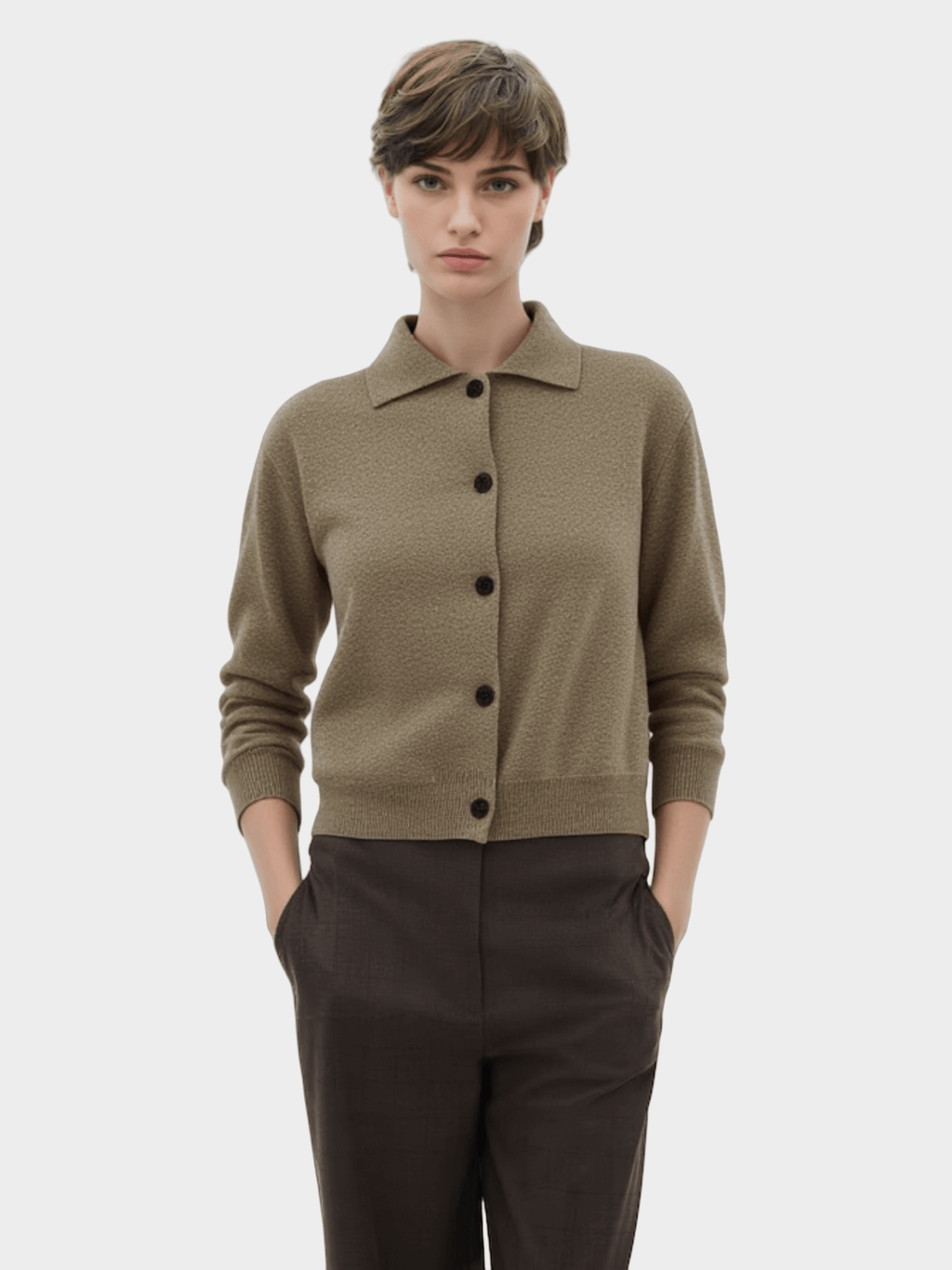 Khaki Polo - Collar Knit Cardigan