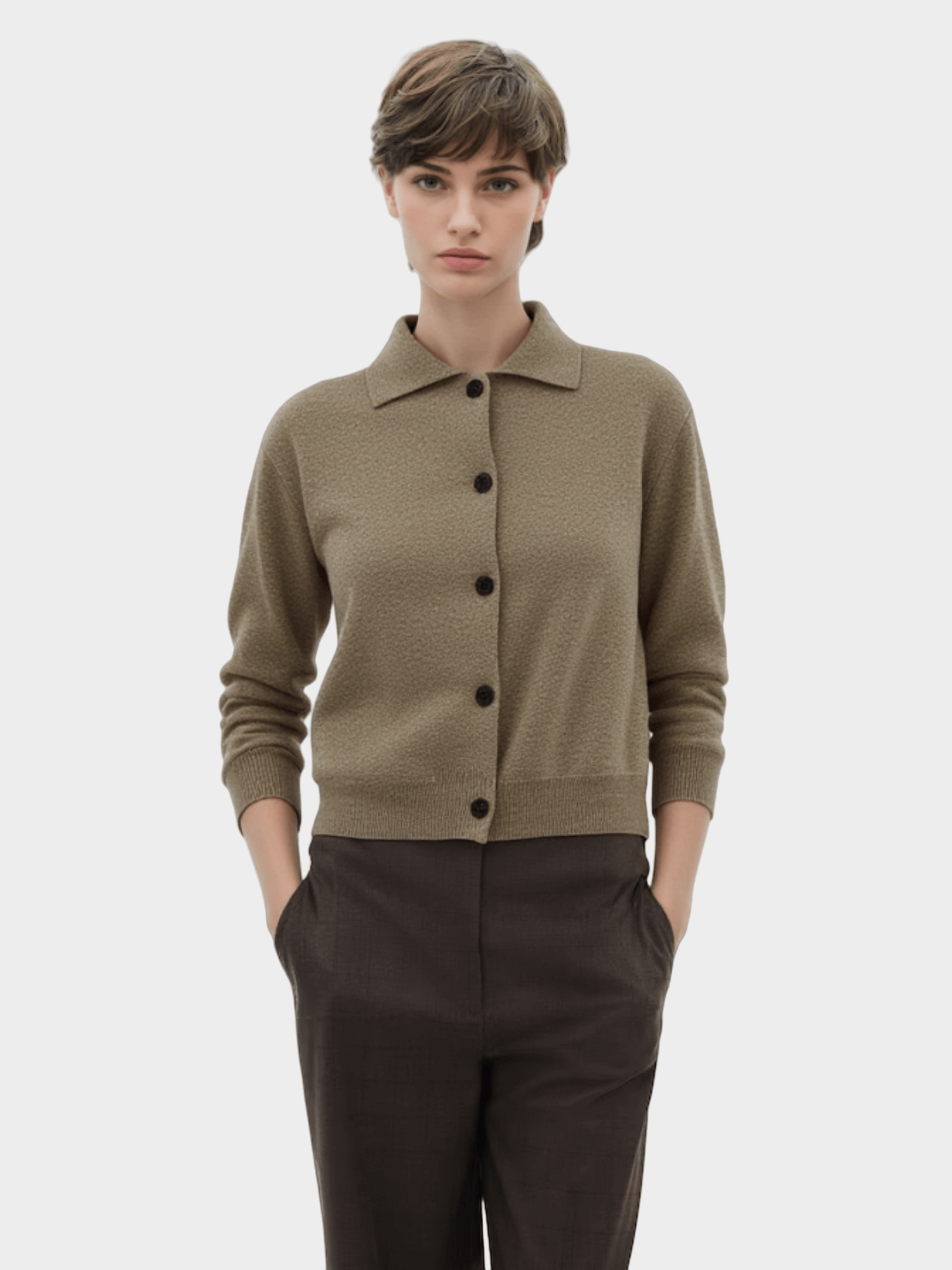Khaki Polo - Collar Knit Cardigan
