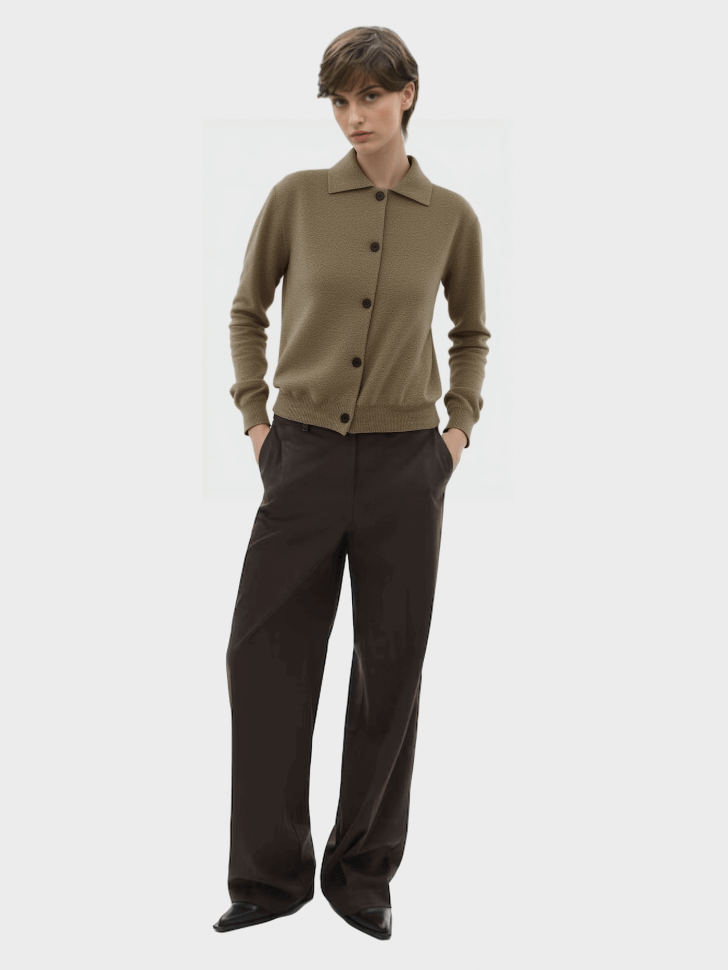 Khaki Polo - Collar Knit Cardigan