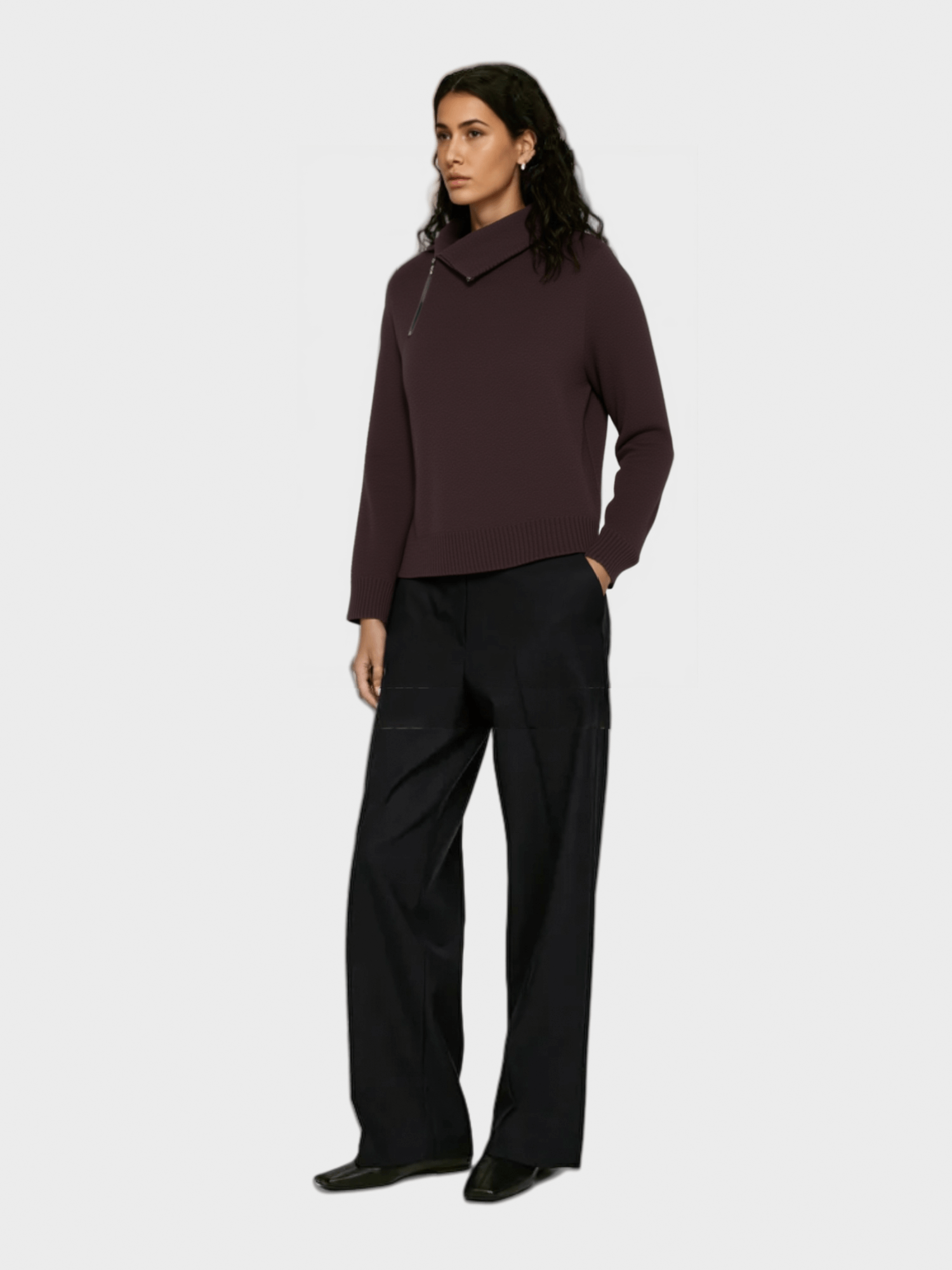 Plum Asymmetric Zip - Collar Knit Sweater