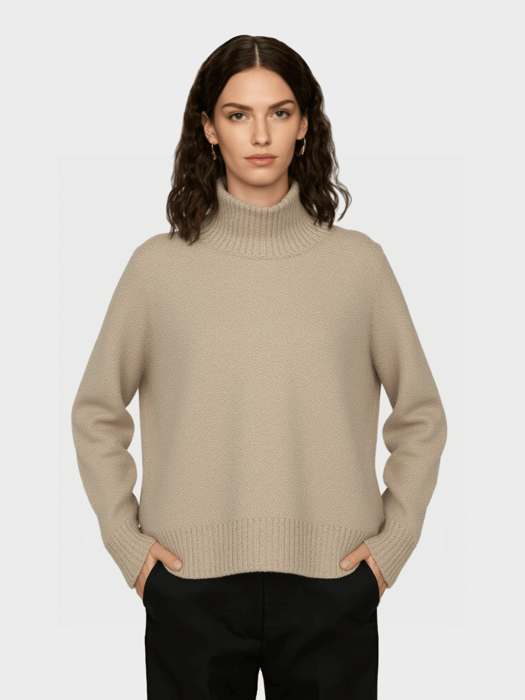 Beige Turtleneck Knit Sweater