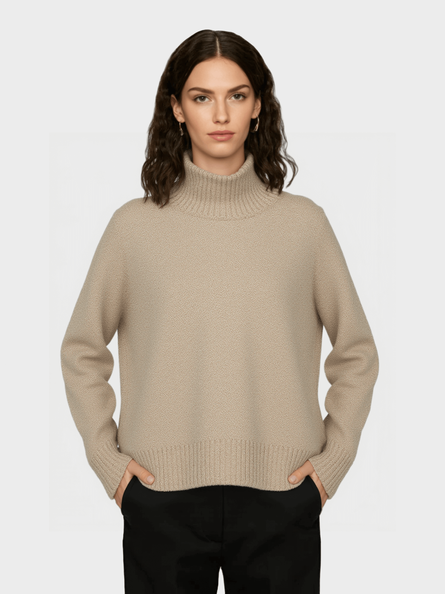 Beige Turtleneck Knit Sweater