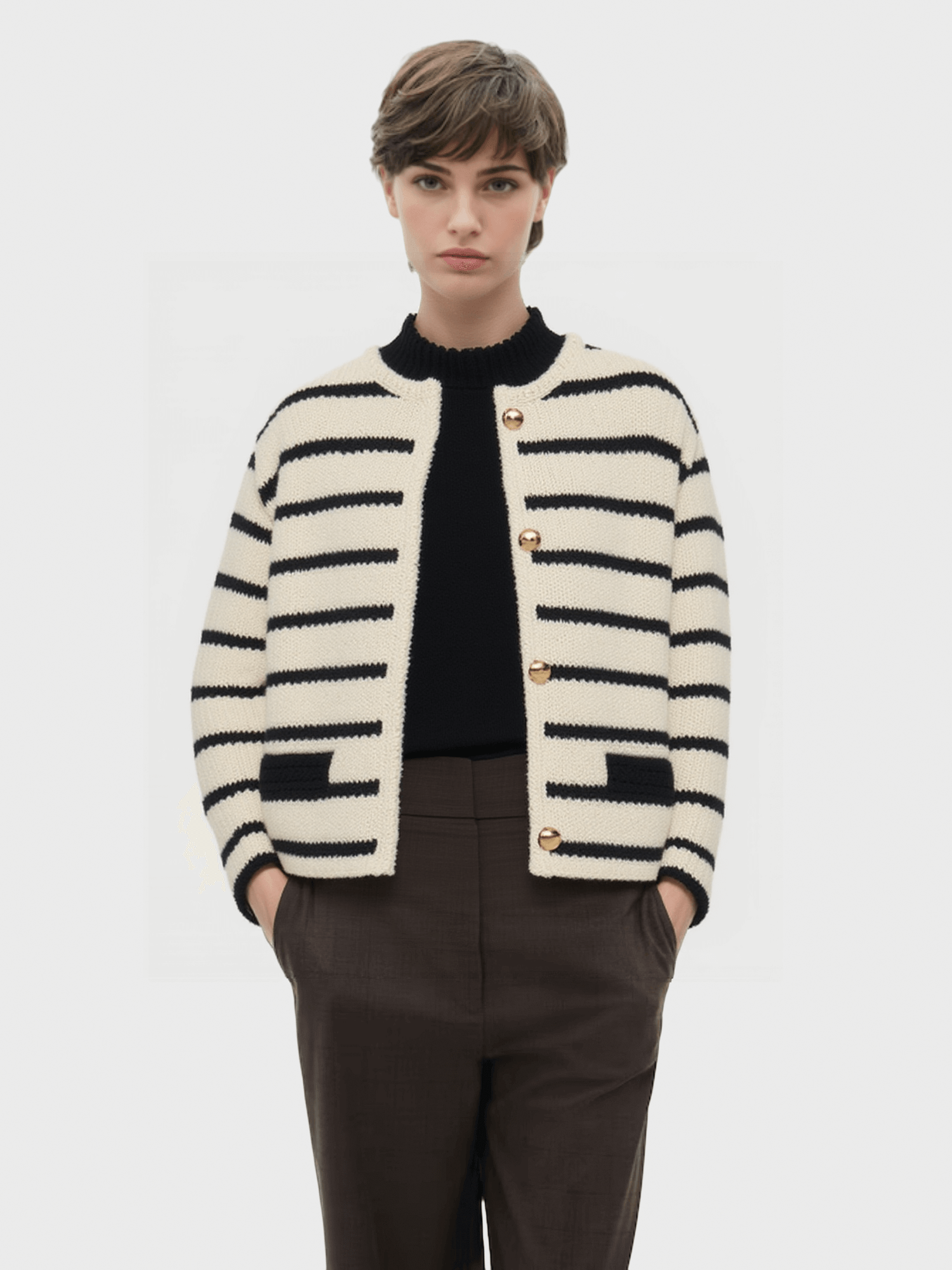 Black and White Striped Knit Cardigan