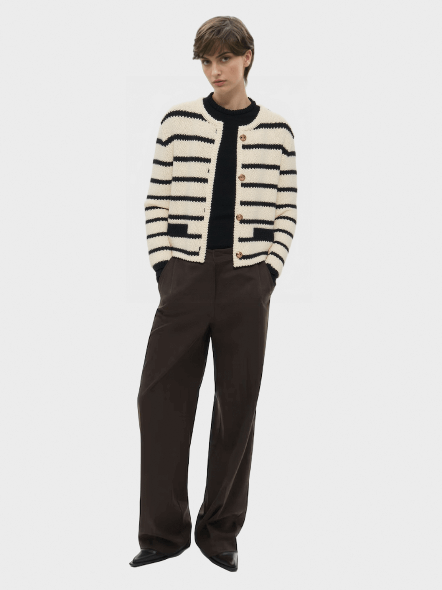 Black and White Striped Knit Cardigan